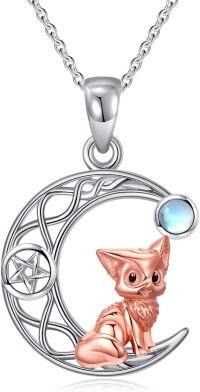 wholesale 925 Sterling Silver Rose Gold Cat on Crescent Moon with Blue Stone and Pentagram Necklace-Fox