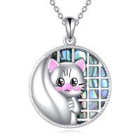 wholesale 925 Sterling Silver Iridescent Abalone Shell Cat Pendant Necklace Gift for Women-Cat Wall
