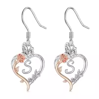 TOUPOP Sterling Silver Rose Heart Butterfly Initial S Letter Drop Dangle Earrings-undefined