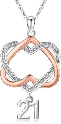 wholesale 925 Sterling Silver Double Heart with Number 21 Charm Pendant Necklaces Gifts for Women and Girls-21th
