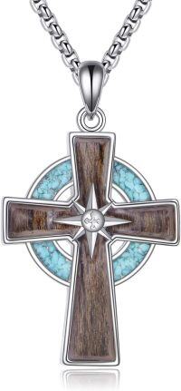 wholesale 925 Sterling Silver Cross Turquoise Stone Pendant Necklace with Wooden Inlay-Celtic Cross