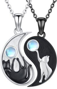 wholesale 925 Sterling Silver Ying Yang Cats Moonstone Pendant Necklaces for Couples Jewelry Sets-06- Moonstone Cat