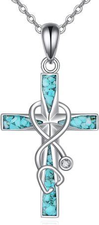 wholesale 925 Sterling Silver Turquoise Inlay Infinity Heart Cross Pendant Necklace for Women Girls Christian Gift 45cm Chain Length-Nurse Cross Necklaces