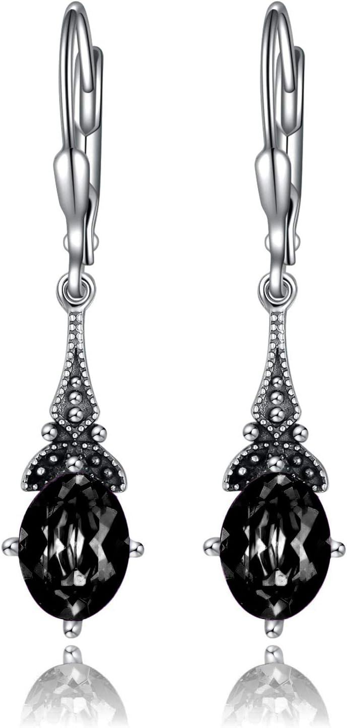 Sterling Silver Austrian Crystal Vintage Drop Dangle Leverback Earrings-Jet Black