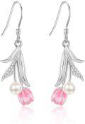 wholesale 925 Sterling Silver Pink Tulip Pearl Drop Earrings Floral  for Women-0-0