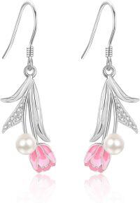 wholesale 925 Sterling Silver Pink Tulip Pearl Drop Earrings Floral  for Women-Tulip