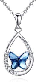 wholesale 925 Sterling Silver Blue Crystal Butterfly Pendant Necklace for Women-0-0