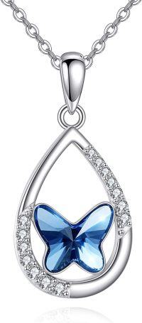 wholesale 925 Sterling Silver Blue Crystal Butterfly Pendant Necklace for Women-Butterfly Necklace