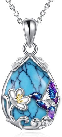 wholesale Sterling Silver Blue Purple Hummingbird Pendant Necklace with Flower Charm-Silver-Hummingbird Necklace with Turquoise