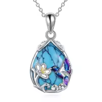 wholesale 925 Sterling Silver Blue Purple Hummingbird Pendant Necklace with Flower Charm-Silver-Hummingbird Necklace with Turquoise