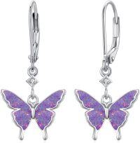 wholesale 925 Sterling Silver Purple Fire Opal Butterfly Drop Earrings with Cubic Zirconia Accents-Butterfly Earring(Purple）