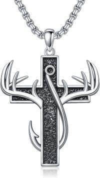 wholesale 925 Sterling Silver Deer Antler Cross Pendant Necklace for Men Hunting s-3-Large Cross