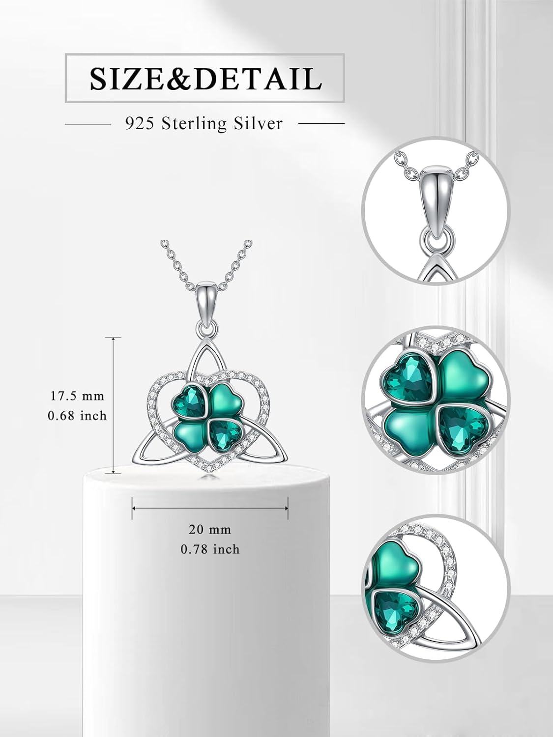 925 Sterling Silver Emerald Green Four-Leaf Clover & Celtic Tree Of Life Pendant Necklace-0-4