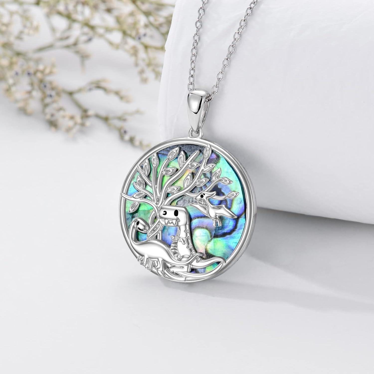 925 Sterling Silver Round Abalone Shell Dragon & Tree of Life Pendant Necklace-0-4