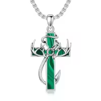 wholesale 925 Sterling Silver Black Enamel Deer Antlers Cross Pendant Necklace with Stainless steel chain for Men -2-15-Malachite