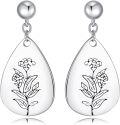 wholesale Sterling Silver Floral Teardrop Earrings w Birth Flower Engraved Gift for Women-0-30