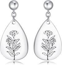 wholesale Sterling Silver Floral Teardrop Earrings w Birth Flower Engraved Gift for Women-1-January-Carnation
