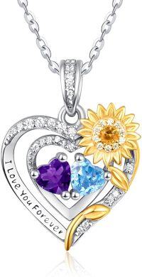 wholesale Sterling Silver 2 Birthstones Sunflower Heart Necklace for Women-02-12-Feb-Dec