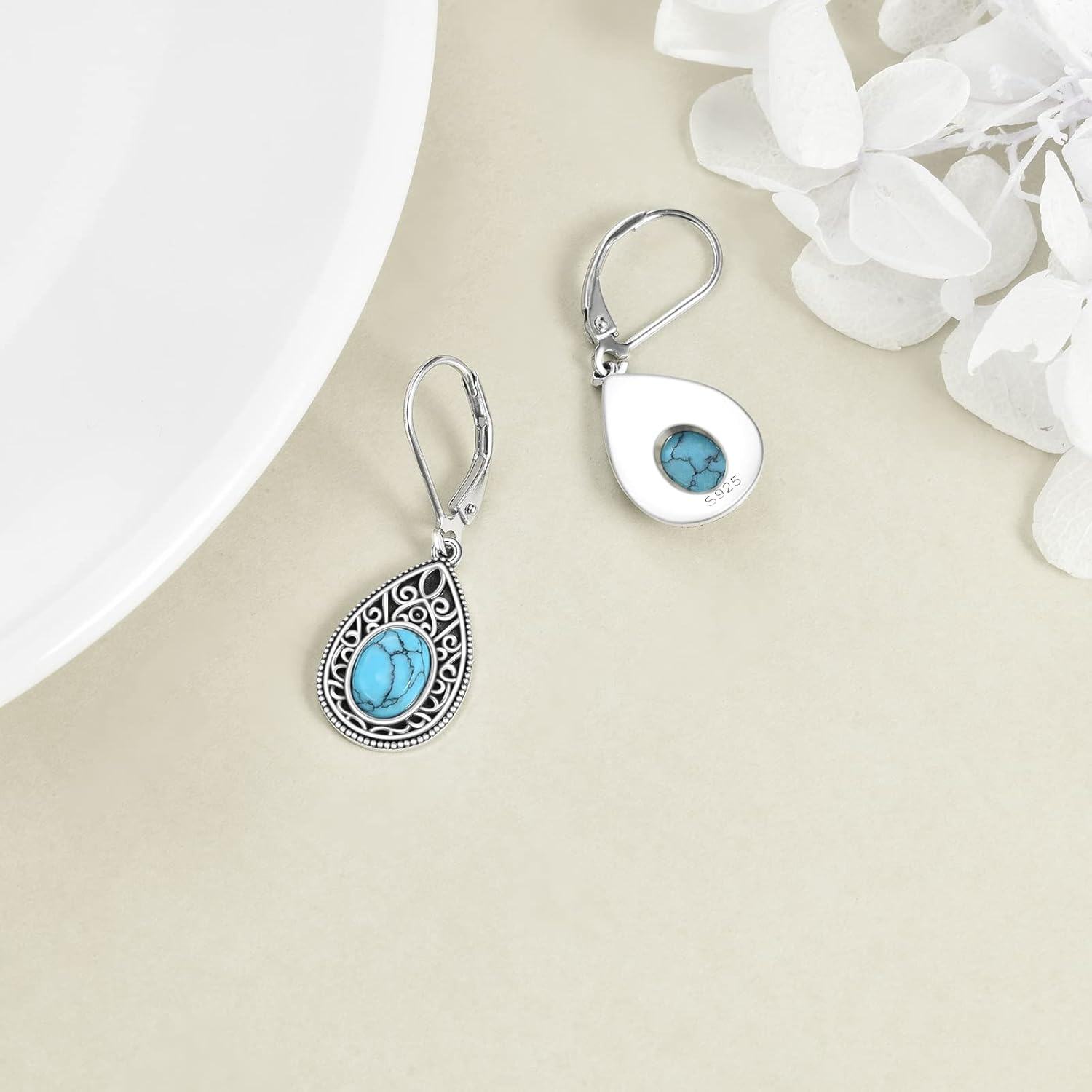 Sterling Silver Lapis Turquoise Onyx Agate Dangle Drop Leverback Earrings Western Boho Vintage Jewelry-0-3