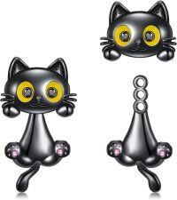 wholesale 925 Sterling Silver Black Cat Stud Earrings with Yellow Eyes and Pink Paws - Halloween  Ideas-Black Cat