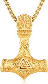 wholesale Sterling Silver Gold Black Norse Thor Hammer Pendant Mjolnir Necklace-Gold