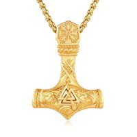 wholesale Copper Viking Thor Hammer Mjolnir Pendant Necklace With Vegvisir Valknut Design-Gold