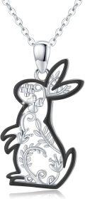 wholesale 925 Sterling Silver Black & White Cutout Floral Bunny Pendant Necklace for Women-0-0