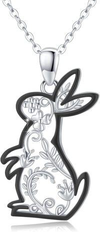 wholesale 925 Sterling Silver Black & White Cutout Floral Bunny Pendant Necklace for Women-Blace Gold Plated Bunny