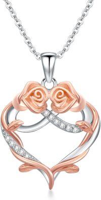 wholesale 925 Sterling Silver Infinity Heart with 2 Pink Roses and Cubic Zirconia Pendant Necklaces Gifts for Women-Rose with Infinity