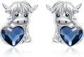 wholesale 925 Sterling Silver Blue Crystal Heart Highland Cow Stud Earrings for Women-0-0