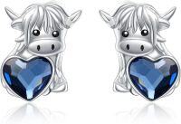 wholesale 925 Sterling Silver Blue Crystal Heart Highland Cow Stud Earrings for Women-heart