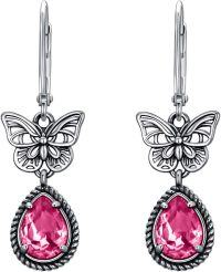 wholesale Sterling Silver Butterfly Earrings with Austrian Simulated Birthstone Crystals Vintage Retro Oxidized Dangle Drop Jewelry Gifts for Women-Pink