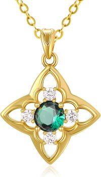wholesale 18K Gold Plated 925 Sterling Silver Natural Birthstone Four Leaf Clover Pendant Necklace for Women-05 May - Emerald