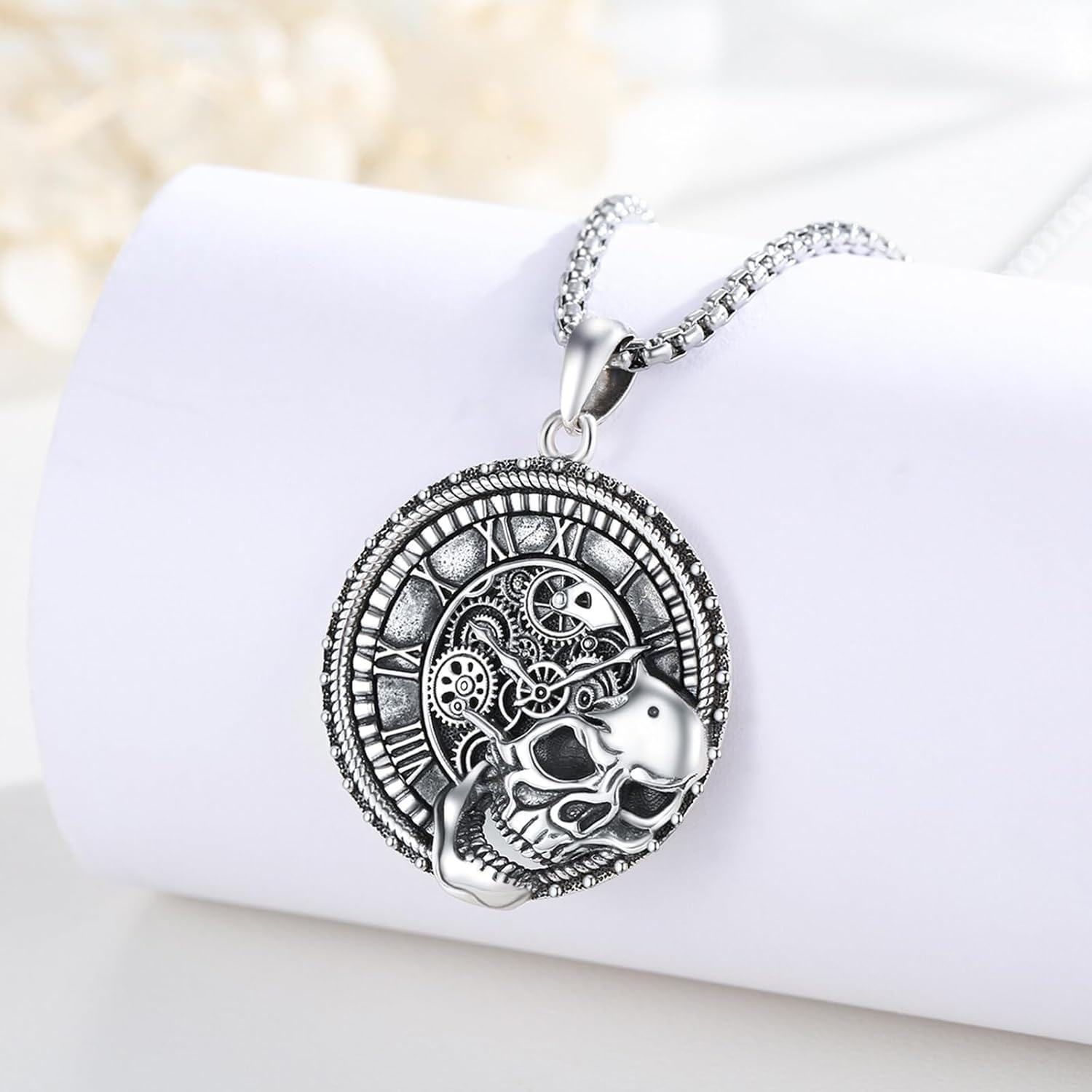925 Sterling Silver Steampunk Gear Skull Pendant Necklace - Gothic Memento Mori s for Men & Women-0-1