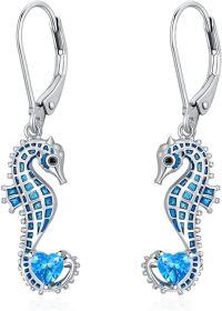 wholesale 925 Sterling Silver Birthstone Blue Seahorse Heart Drop Dangle Earrings for Women-March