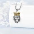 wholesale 925 Sterling Silver Plated  Crowned Lion Head Pendant Necklace with Gold Accents and Cubic Zirconia Stones-0-2