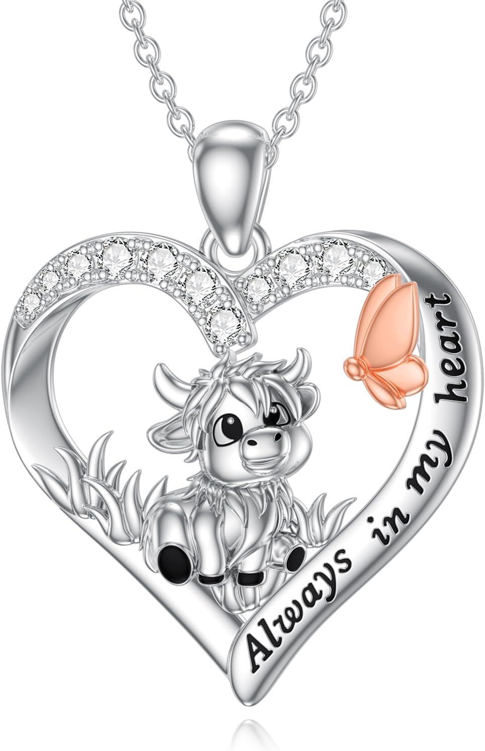 925 Sterling Silver Cow Heart Pendant Necklace with Butterfly Charm and Cubic Zirconia Stones Gifts for Women-0-0