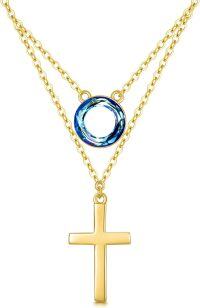 wholesale 14K Gold & Blue Crystal Layered Cross Necklace - Faith, Hope, Courage Gift for Women-Circle Crystal