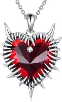 wholesale 925 Sterling Silver Red Crystal Spiked Heart Pendant Gothic Punk Necklace-Barbed Wire