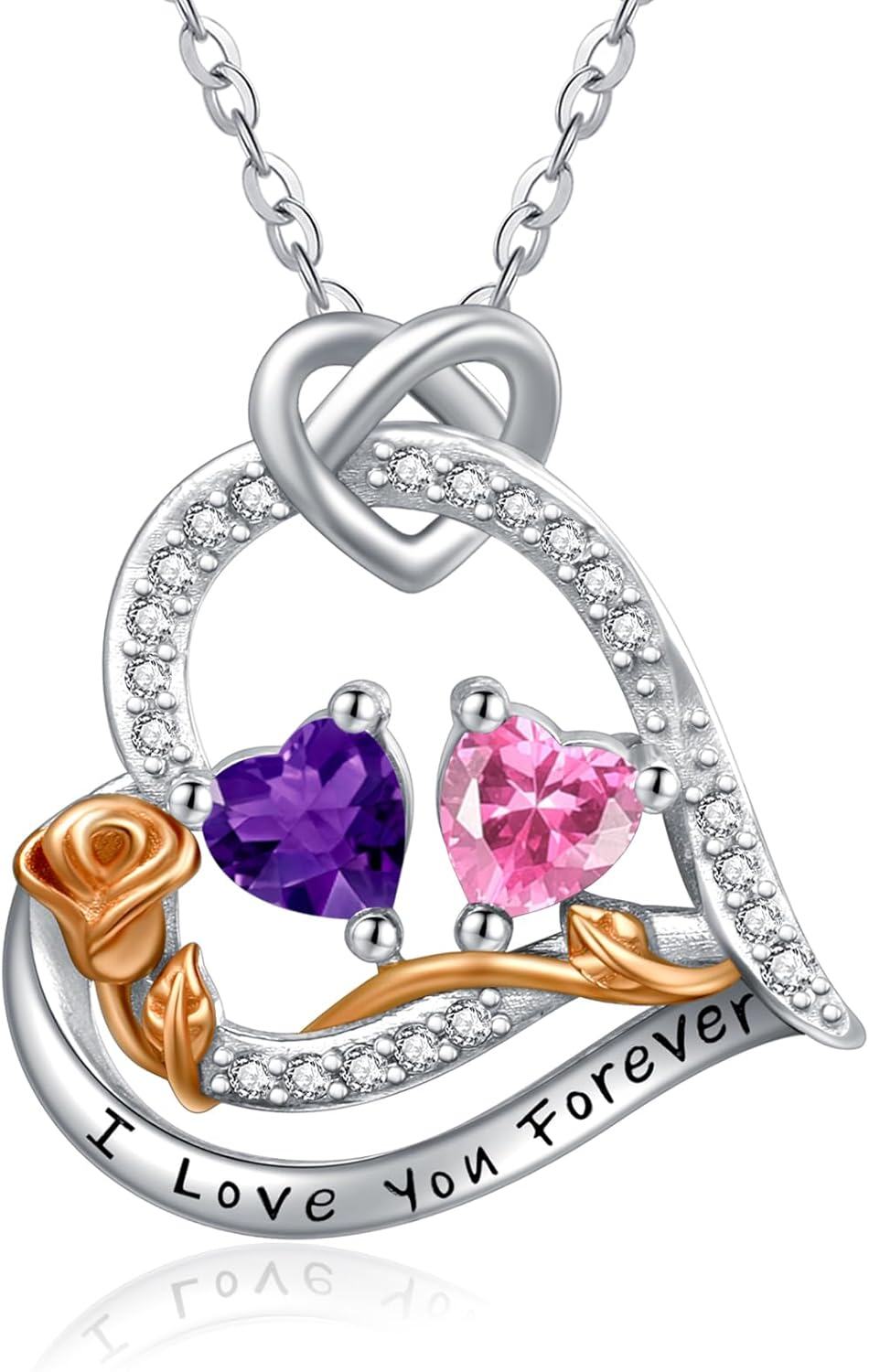  Sterling Silver 2 Birthstones Rose Heart Necklace for Women -02-10-Feb-Oct