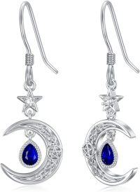 wholesale 925 Sterling Silver Blue Sapphire Crescent Moon & Star Drop Earrings-Moon