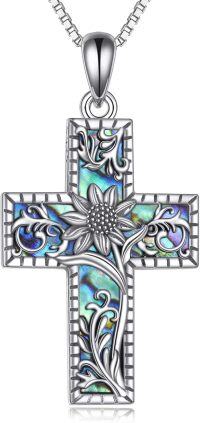 wholesale 925 Sterling Silver Abalone Shell Inlay Floral Cross Pendant Necklace for Women Mother's Day Gift-E-Abalone Sunflower Cross