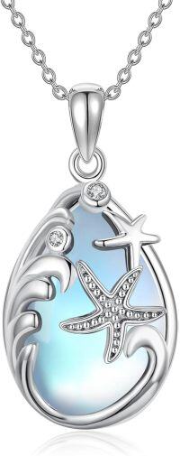 wholesale 925 Sterling Silver Blue Moonstone Sea Life Pendant Necklace with Starfish and Wave Design for Women-B - Starfish