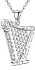 wholesale 925 Sterling Silver Harp Musical Instrument Pendant Necklace with Cubic Zirconia Stones and Chain for Women Girls  43cm Length-0-0