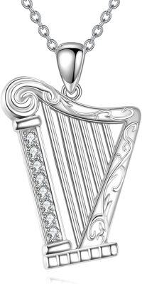 wholesale 925 Sterling Silver Harp Musical Instrument Pendant Necklace with Cubic Zirconia Stones and Chain for Women Girls  43cm Length-harp