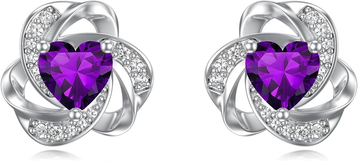 wholesale 925 Sterling Silver Love Knot Stud Earrings with Purple Heart Birthstone s for Women-0-0