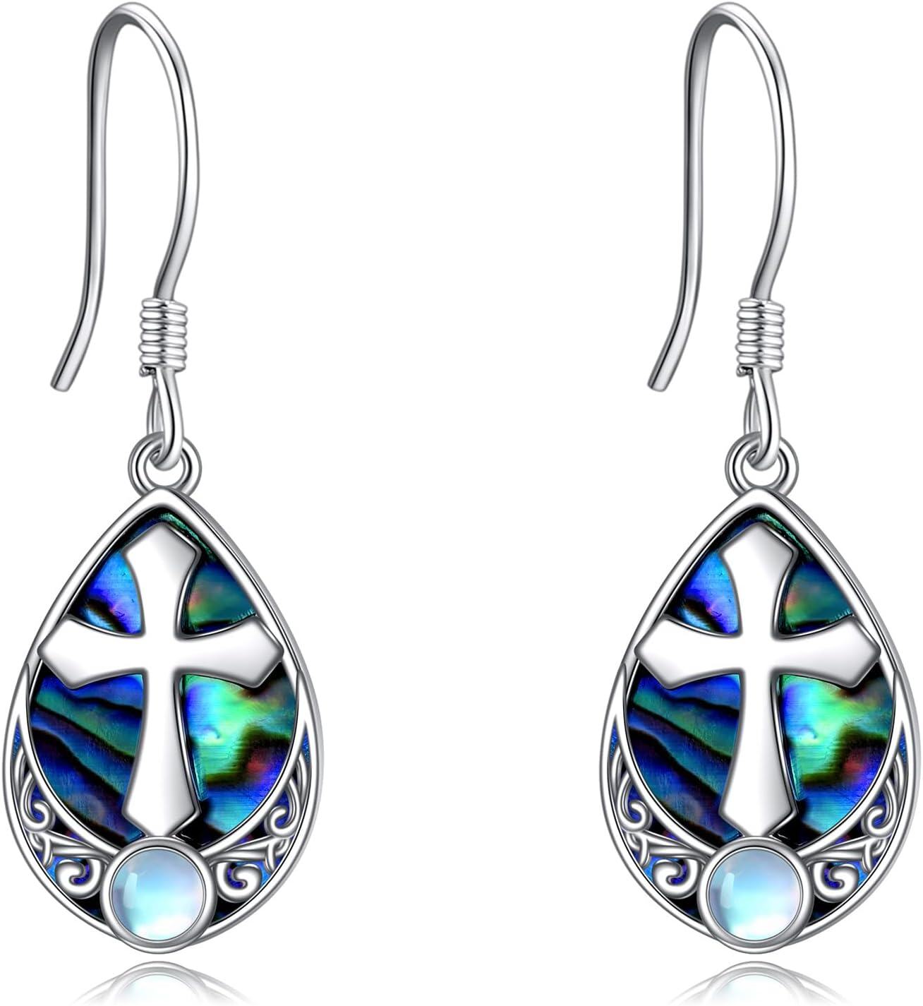 Sterling Silver Celtic Cross Drop Dangle Earrings Irish Fashion Jewelry Gift for Women-Abalone Shell II