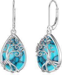 wholesale 925 Sterling Silver Howlite Turquoise Tree of Life Drop Earrings for Women-A-Sky Blue