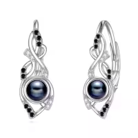 wholesale 925 Sterling Silver Black Pearl & Cubic Zirconia Celtic Dangle Hoop Earrings for Women - Irish  Ideas-Black Pearl