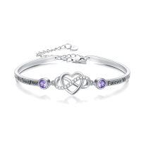 wholesale 925 Sterling Silver Forever My Daughter Heart Bangle With Pink Stones-Bangle for Daughter(Light Purple)